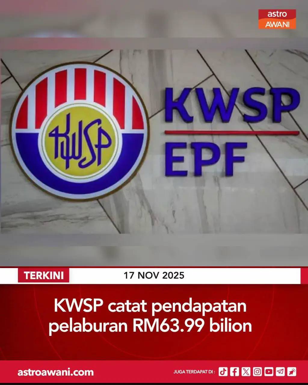 Kumpulan Wang Simpanan Pekerja (KWSP) mencatatkan pendapatan pelaburan sebanyak RM63.99 bilion bagi tempoh sembilan bulan berakhir 30 September 2025, meningkat 11 peratus berbanding RM57.57 bilion dalam tempoh sama tahun lalu. Ikuti berita terkini di https://grid.astroawani.com #AWANInews
