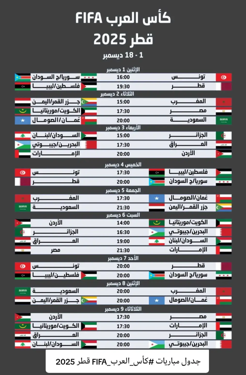 #جدول كأس العرب  جدول مباريات #كأس_العرب_FIFA قطر 2025 