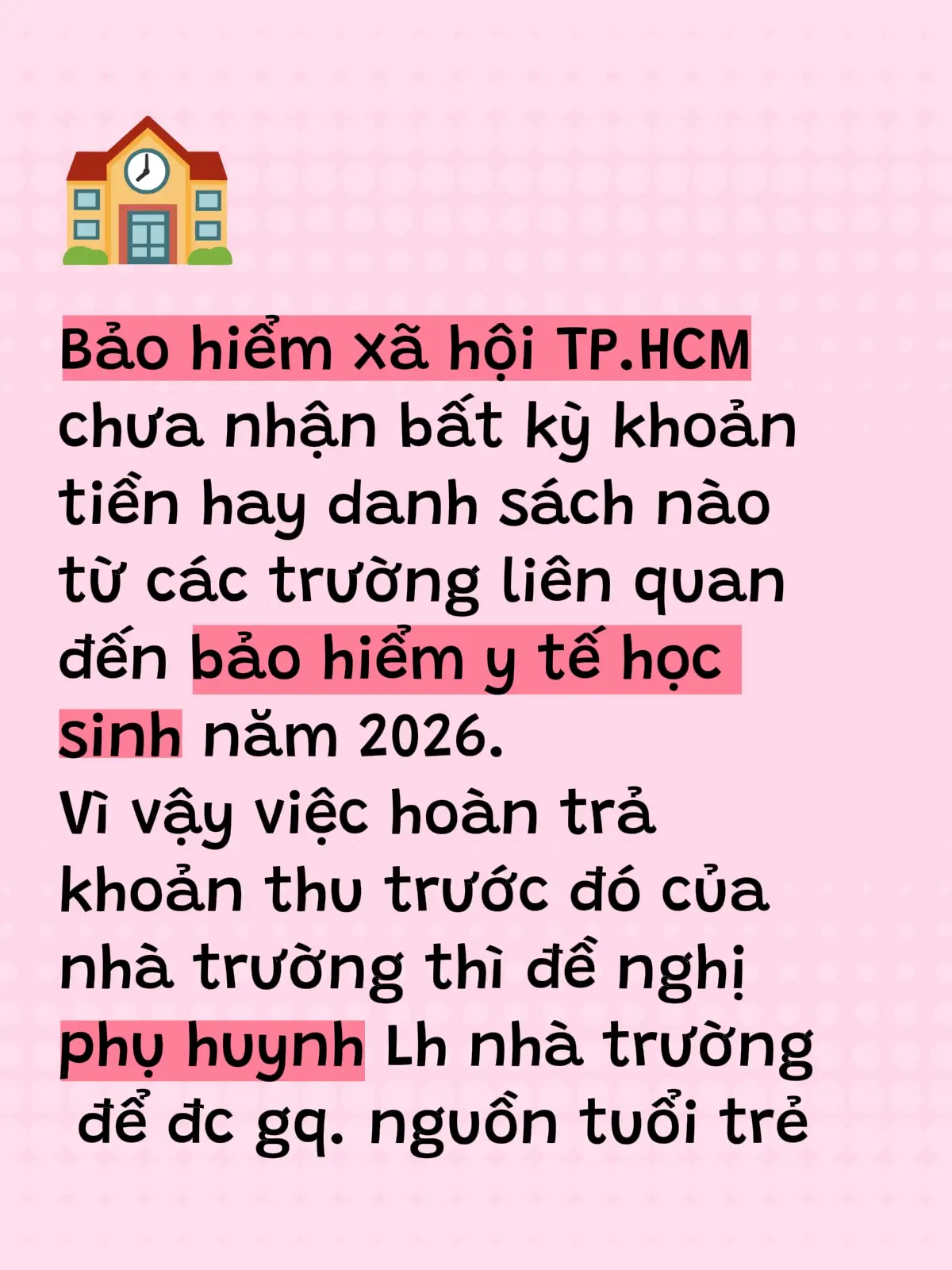 Bảo hiểm xã hội TP.HCM chưa nhận bất kỳ khoản tiền hay danh sách nào từ các trường liên quan đến bảo hiểm y tế học sinh năm 2026.  Vì vậy việc hoàn trả hay xử lý khoản thu trước đó của nhà trường (nếu có) thì đề nghị phụ huynh liên hệ nhà trường để được giải quyết.#hỗtrợbảohiểmytếchohọcsinhtphcm #uyendung82 