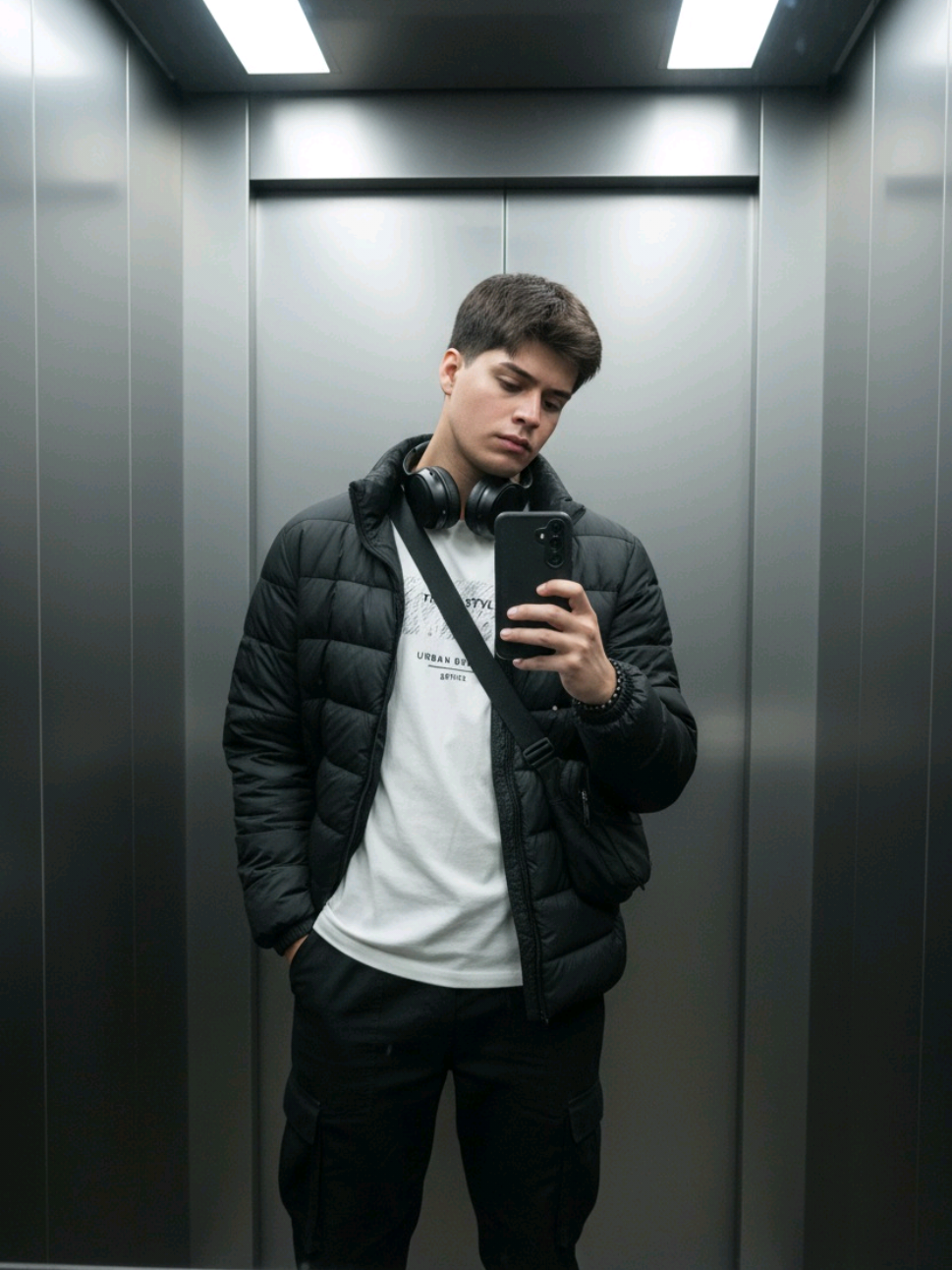 GEMINI AI PROMPT  Crea tu propia fotografía con calidad de estudio usando Gemini AI.  Prompt en los comentarios.  Hyperrealistic portrait in a modern elevator with metallic walls and soft ceiling lights. Using the reference image as a STRICT source, preserve the EXACT likeness, facial structure, and body proportions. The person stands in front of an elevator mirror. Their left hand is tucked into the puffer jacket's pocket. Their right hand holds a sleek black smartphone at eye level, the screen is dark. Head is slightly tilted down and turned slightly left, eyes looking toward the phone's reflection in the mirror. Wearing a black nylon puffer jacket, unzipped over a white t-shirt with a graphic. Black cargo trousers. A black cross-body bag strap is visible, with black over-ear headphones resting around the neck. Neutral, slightly serious expression. The mirror creates depth, capturing the exact likeness and outfit. Focus on the hyperrealistic texture of the quilted nylon and soft cotton. cinematic lighting, hyperrealistic texture, shallow depth of field, urban fashion --ar 9:16 --style raw #hacerfotosestudioconia #geminiai #promptgeminiai #photostudio #gemini 