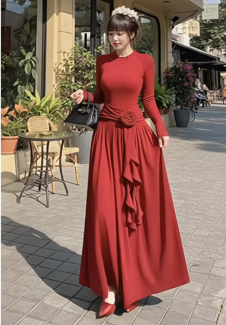 Đầm dài tiểu thư sang chảnh, váy cố tròn tay dài phối hoa hồng eo #vaytieuthu #vaydutiec #damdangdai #dambody #xuhuong 