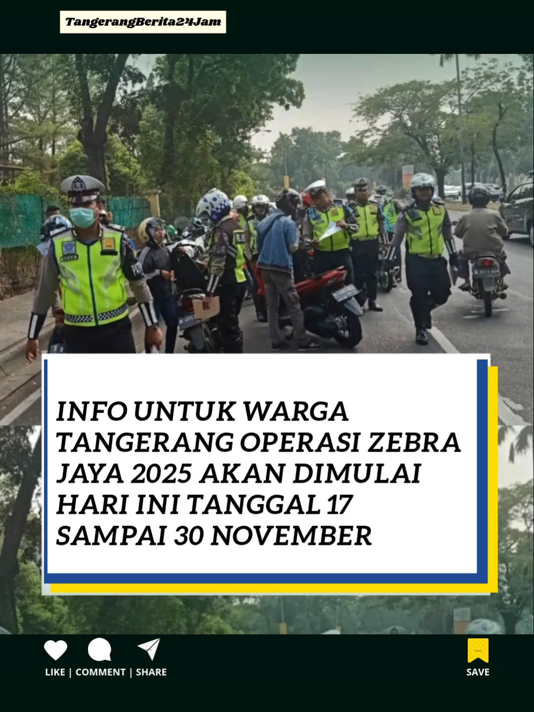Satuan Lalu Lintas (Satlantas) Polres Metro Tangerang Kota akan menggelar Operasi Zebra Jaya 2025 sebagai langkah masif untuk meningkatkan kedisiplinan berlalu lintas serta menekan angka kecelakaan di wilayah hukum Tangerang. Operasi ini akan berlangsung selama dua pekan, mulai Senin, 17 November hingga Minggu, 30 November 2025. Dalam sosialisasinya, Satlantas Polres Metro Tangerang Kota menyampaikan bahwa faktor manusia menjadi penyebab terbesar kecelakaan, yakni mencapai 61% dari seluruh kasus yang terjadi. AKP Prapto Lasono, Kasi Humas Polres Metro Tangerang Kota, menegaskan bahwa Operasi Zebra Jaya 2025 akan fokus pada perilaku pengemudi yang berisiko dan berpotensi membahayakan keselamatan di jalan. sc: tangerangnewsofficial #infotangerang#tangerangberita#tangerangupdate#operasizebrajaya2025 #tertiblalulintas #keselamatanberkendara