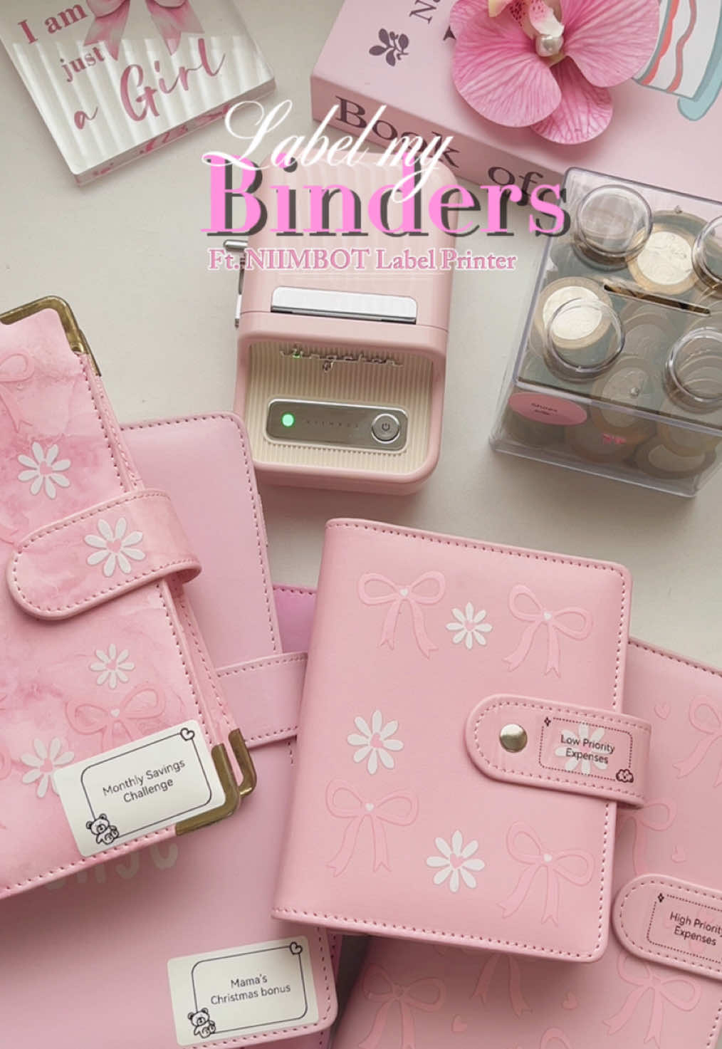 Labeling my binders with this cute pink NIIMBOT label printer#niimbot #niimbotb21 #budgetbinder #savingsbinder #fyp 