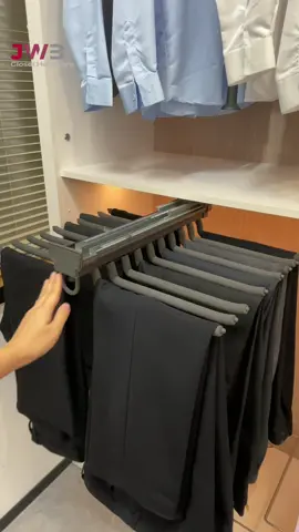 Slide out. Choose. Done. 👖✨ A space-saving pants rack for clean, organized wardrobes. #PantsRack #ClosetDesign #StorageSolutions #JWBClosetHardware#StorageSolutions #SpaceSaving #WardrobeAccessories #StorageIdeas 