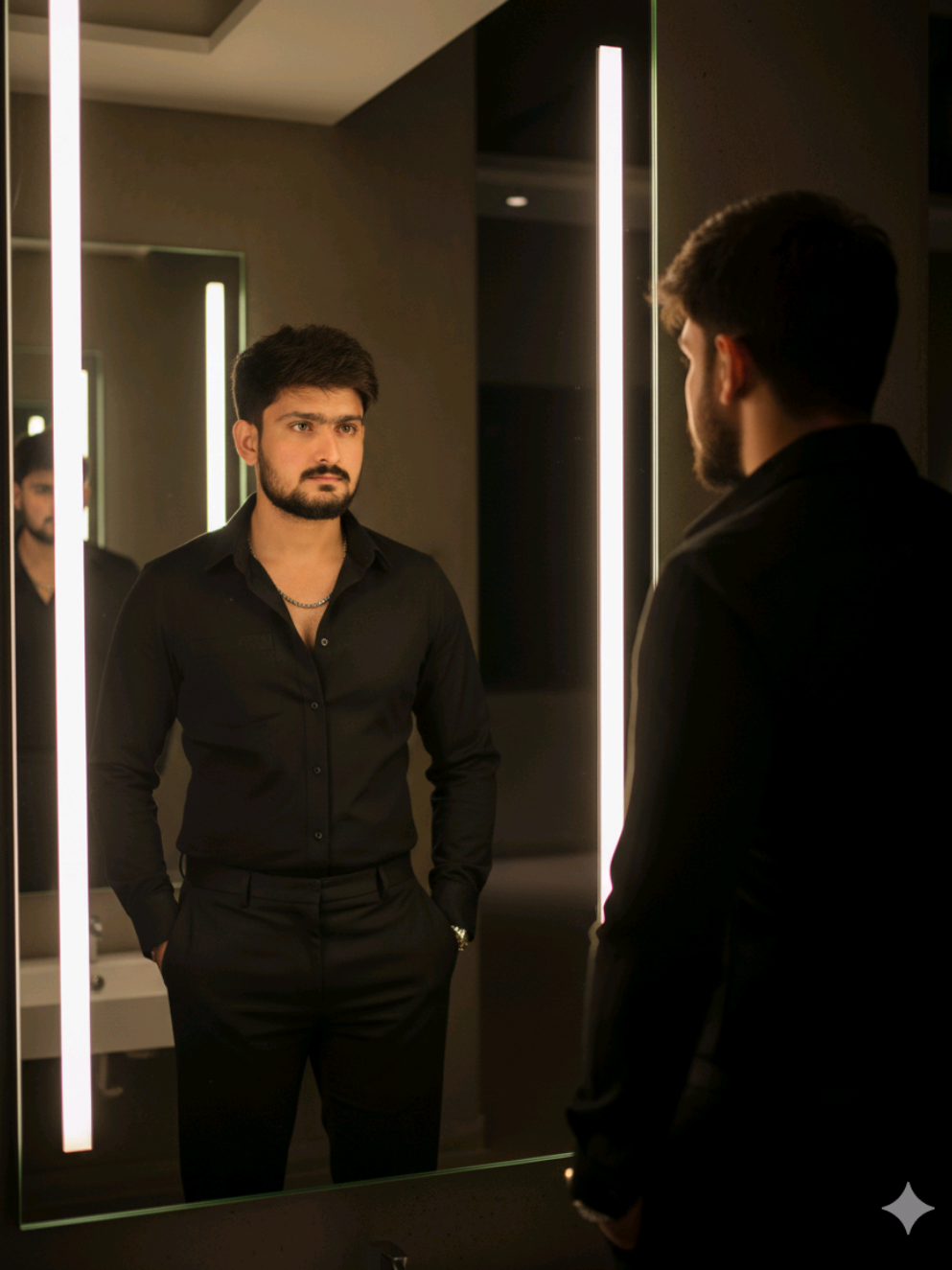 1: Open Gemini app  2: Upload a photo  3: Paste the prompt Prompt : A Hyper-realistic Cinematic Portrait Of A Handsome Person Standing In Front Of A Mirror In A Dimly Lit Modern Room. He Is Wearing A Black Shirt Slightly Unbuttoned, Revealing A Chain On His Chest, And Black Formal Pants Messy Hair Style . His Expression Is Intense And Confident As He Looks At His Own Reflection. The Lighting Is Dramatic, Coming Fromlighting Is Dramatic, Coming From Vertical Led Lights On Both Sides Of The Mirror, Creating A Soft Glow On His FaceAnd Shoulders.#googlegeminitrend #Gemini #promptpicz #gemini #prompt 