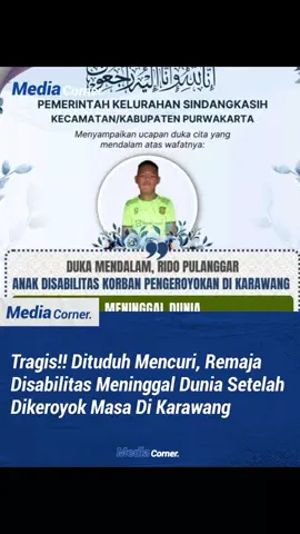 Kematian Rido pulanggar anak disabilitas korban pengeroyokan di kerawang. kronologi, Rido pulanggar di tuduh sebagai pencuri tragis nya remaja tersebut tidak bersalah. korban Rido pulanggar di keroyok sejumlah 4 vs 1 orang dalam pengeroyokan. para pelaku sudah di bekuk oleh pihak berwajib kepolisian. Rido pulanggar, status sekolah sebagai SLB ( sekolah luar biasa ). walaupun kata ibu korban Rido pulanggar stabilitas, dia rajin sholat dengan kursi roda nya. pelaku pengeroyokan Rido pulanggar, kena vionis ancaman penjara selama 15 tahun, sumber : www.polreskarawang #fypp #xybca #ComfortSegredos #masukberanda #semarang24jam 