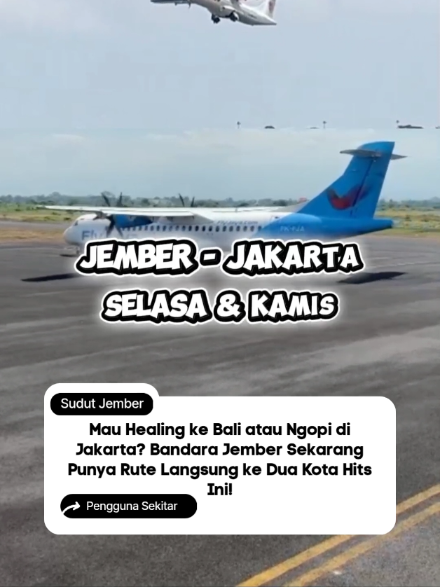 Mau Healing ke Bali atau Ngopi di Jakarta? Bandara Jember Sekarang Punya Rute Langsung ke Dua Kota Hits Ini! Kami ucapkan dengan bangga Terima Kasih Gus Fawait. Atas semangat, kerja nyata, dan kepeduliannya untuk Jember. @Gus Fawait @Pemerintah Kabupaten Jember  #pemkabjember #JemberbaruJemberMaju #Gusfawait #TerimaKasihGusFawait #jember