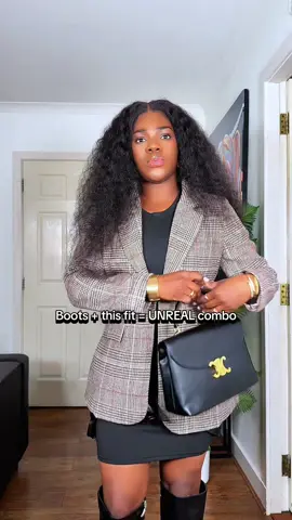 Serving casual chic today 💅🏽 This retro plaid blouse + knot-side dress combo is giving easy, stylish, and sooo comfortable! Paired with my high-knee boots and I’m obsessed 😍 Click the yellow basket to buy — your wardrobe will thank you #CasualChicStyle #WinterOOTD2025 #RetroFashionFinds #TikTokMadeMeBuyIt  #blackfriday  