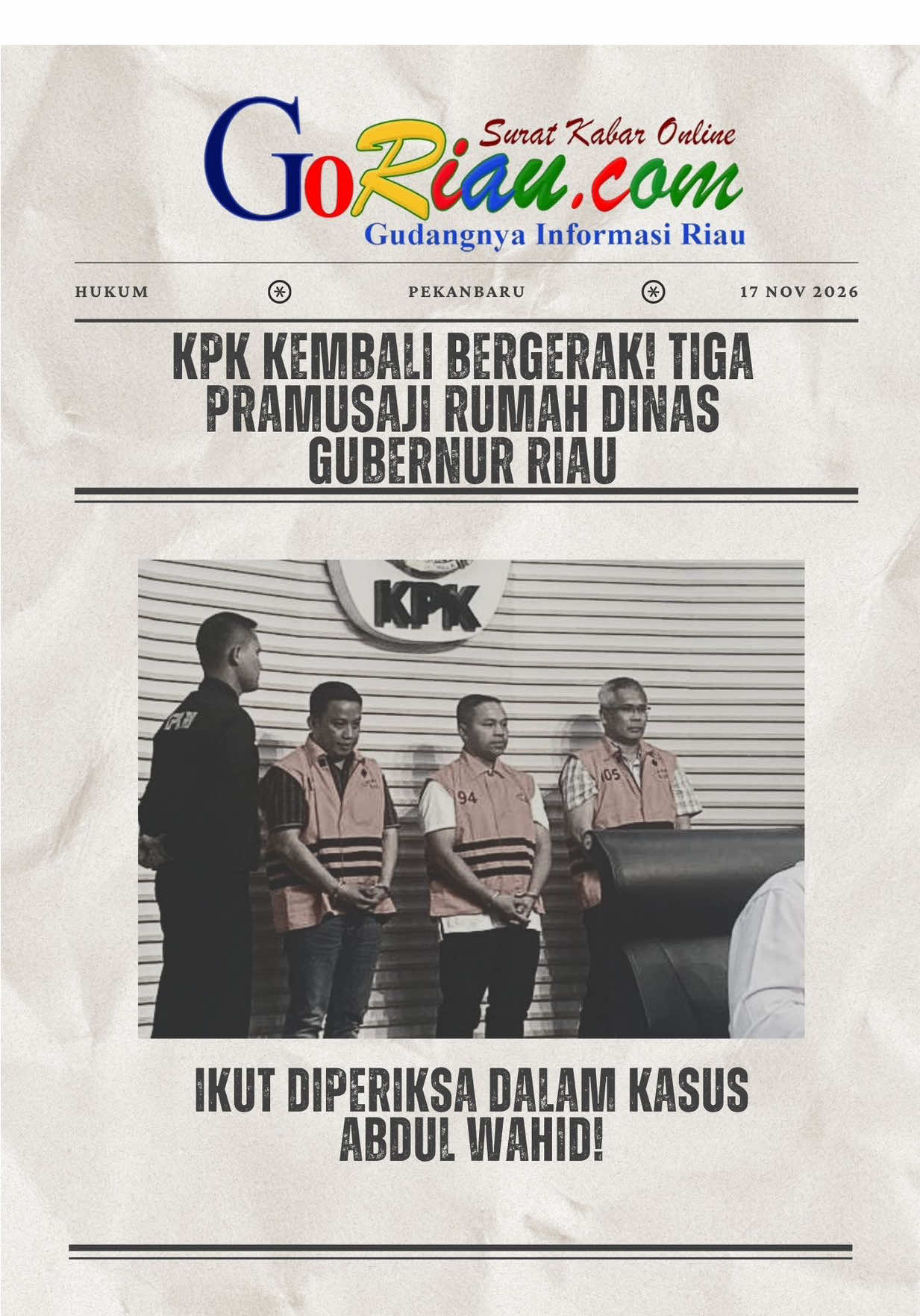 KPK Kembali Bergerak! Tiga Pramusaji Rumah Dinas Gubernur Riau Ikut Diperiksa Dalam Kasus Abdul Wahid! Senin, 17 November 2025, KPK memanggil lima saksi terkait dugaan korupsi di lingkungan Pemprov Riau. Kasus ini menyeret Gubernur Riau nonaktif, Abdul Wahid, sebagai tersangka. Pemeriksaan dilakukan di Kantor Perwakilan BPKP Riau. Tiga saksi adalah pramusaji rumah dinas gubernur: – Alpin – Muhammad Syahrul Amin – Mega Lestari. Dua saksi lain: ASN Dinas PUPR, Fikri Dwi Lesmana, dan Staf Perencanaan Disdik Riau, Hari Supristianto. KPK belum menyampaikan materi pemeriksaan karena prosesnya disesuaikan kebutuhan penyidikan. Dalam perkara ini, Abdul Wahid sudah ditetapkan sebagai tersangka bersama Kadis PUPR-PKPP Muhammad Arief Setiawan, dan Tenaga Ahli Gubernur, Dani M Nursalam. Ketiganya ditangkap lewat OTT. KPK mengungkap adanya ancaman pencopotan jabatan bagi para Kepala UPT kalau tidak menyerahkan fee 5 persen, dengan nilai mencapai Rp7 miliar. Ancaman itu disampaikan lewat Arief Setiawan sebagai perantara. Fee disepakati dengan kode ‘7 batang’. Dalam periode Juni–November 2025, ada tiga kali setoran: – Juni: Rp1,6 miliar – Agustus: Rp1,2 miliar – November: Rp1,25 miliar Total sudah masuk Rp4,05 miliar dari target Rp7 miliar. “Menurut kalian, kasus ini bakal bongkar jaringan lebih besar atau berhenti di sini? Komentar di bawah ya. Baca selengkapnya di goriau.com https://www.goriau.com/berita/baca/penyidikan-kasus-dugaan-korupsi-abdul-wahid-kpk-periksa-tiga-pramusaji-rumah-dinas-gubernur-riau-dan-2-asn.html #beritariau #pekanbaru #riau #kpk #abdulwahid 