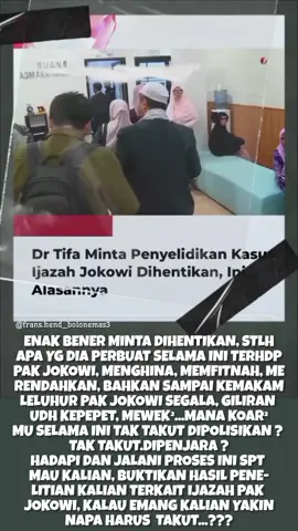 . . Begitu kejam dan bar² perlakuan mereka selama ini terhadap Pak Jokowi dan keluarganya dg segala macam fitnah keji dan bar², lantas mrk minta hentikan proses penyidikan ini dg berlindung dibalik UU versi mereka ? Penyidik tentunya tidak sembarangan menjatuhkan status TERSANGKA tanpa disertai alat bukti yg memadai dan berdasarkan pendapat dr para ahli, pakar hukum yg mereka hadirkan... . . #kasusijazahjokowi #ijazahjokowiasli #tiroris #kamipercayajokowi #terimakasihjokowi . .