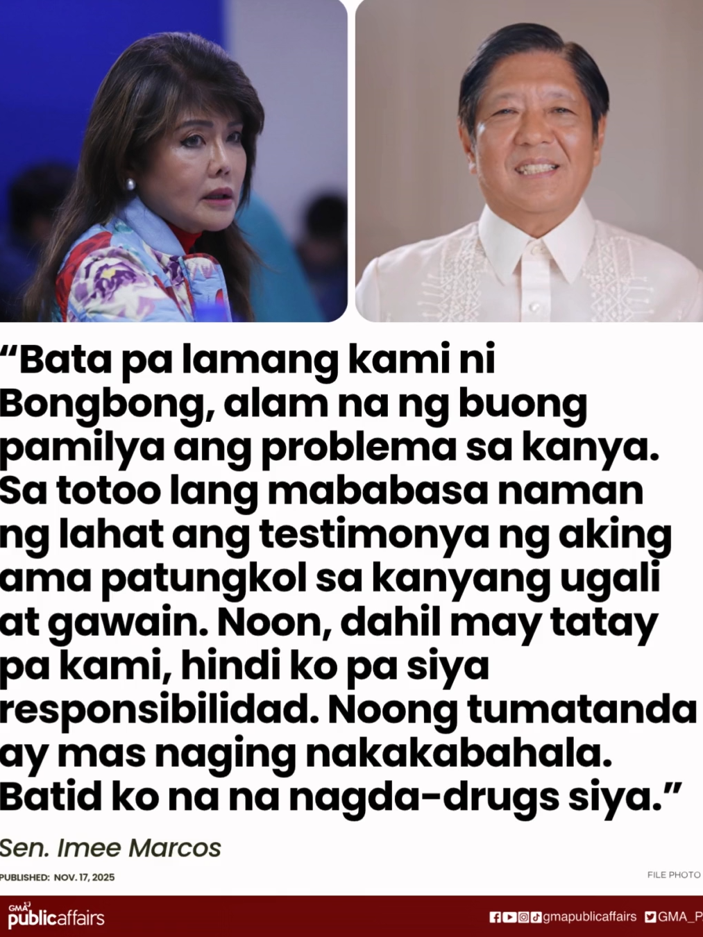 SEN. IMEE MARCOS, SINABING “NAGDA-DRUGS” SI PRES. BONGBONG MARCOS Sa kanyang speech sa ‘Rally for Transparency and a Better Democracy’ na inorganisa ng Iglesia ni Cristo, sinabi ni Sen. Imee Marcos na ‘nagda-drugs’ umano ang kapatid nito na si Pres. Bongbong Marcos.
