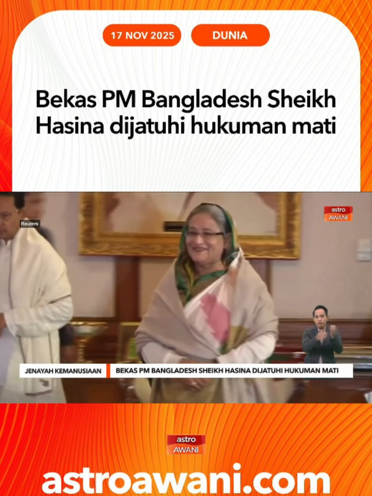 Bekas Perdana Menteri Bangladesh, Sheikh Hasina, dijatuhi hukuman mati selepas didapati bersalah atas pertuduhan jenayah terhadap kemanusiaan berkaitan insiden keganasan ketika protes pelajar tahun lalu. #AWANInews