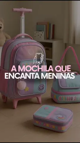 Mochila, lancheira e estojo — tudo combinando e cheio de charme 💗💜