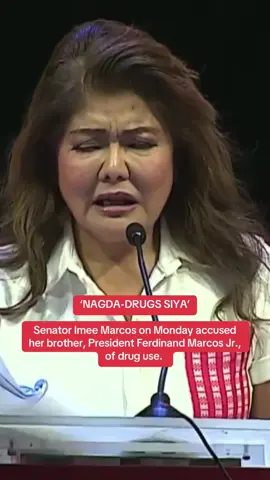 Senator Imee Marcos on Monday accused her brother, President Ferdinand Marcos Jr., of drug use.  “Batid ko na, na nagda-drugs siya. Nalaman ko at ng pamilya. Nalaman ng pamilya, seryoso ito,” she said during the second day of Iglesia ni Cristo’s anti-corruption rally. Imee also alleged that first lady Liza Araneta-Marcos uses drugs.  “Mas lumala ang kanyang pagkalulong sa droga dahil parehas pala silang mag-asawa,” she added. #imeemarcos #floodcontrol #bbm 