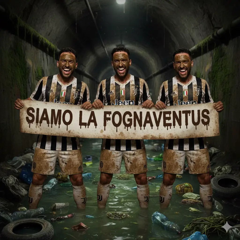 Finalmente a casa! I tifosi della FOGNAVENTUS lote in maglia bianconera celebrano il loro ambiente naturale, l'unico in cui riescono a prosperare. Con i volti raggianti di gioia (e di melma) e le divise arricchite da un'autentica patina marrone, sfoggiano con orgoglio lo striscione 