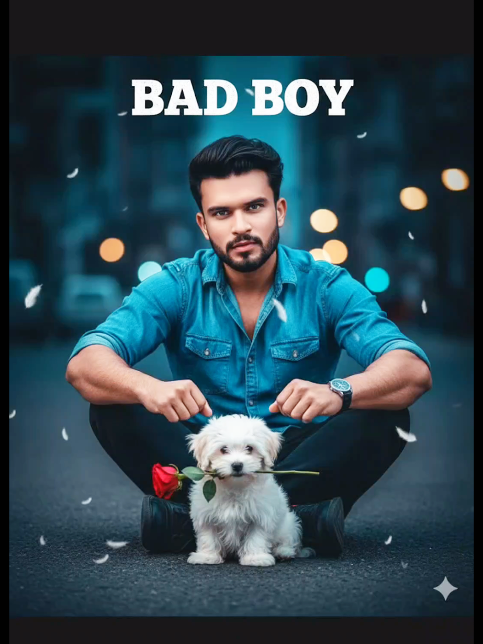 😍👇👇💀🔥 How to make? 1- Open GEMINI. 2- Upload your photo. 3- Copy and paste the GEMINI prompt from above. 4- Don't forget to follow. PICTURE PROMPT  A handsome young man with a trimmed beard and stylish hair, wearing a casual denim blue shirt and black trousers, sits on a dark, textured asphalt ground. He is looking directly at the camera with a confident, intense expression. In front of him, a small, fluffy white Maltese puppy sits and holds a single red rose in its mouth. The background is a moody, blurred (bokeh) nighttime city street with glowing blue and yellow lights. The overall atmosphere is dark, cool-toned, and dramatic. The text 'BAD BOY' is prominently displayed in bold white capital letters at the top. The image has a cinematic, high-contrast, professional photo manipulation style, with subtle visual effects like white feathers floating around the man and the puppy. Ultra-detailed, photo-realistic, 8k, professional studio lighting, shallow depth of field, high-resolution. Keep my face 100% same as in the reference image #geminitrend #trending #onemillionviews #onemillion #googlegemini10