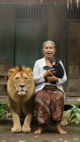 Nenek hebring bersama singa dan monyet sedang bersantai di depan rumahnya. #nenekhebring #fyp #viralvideo #lucu  #lion 