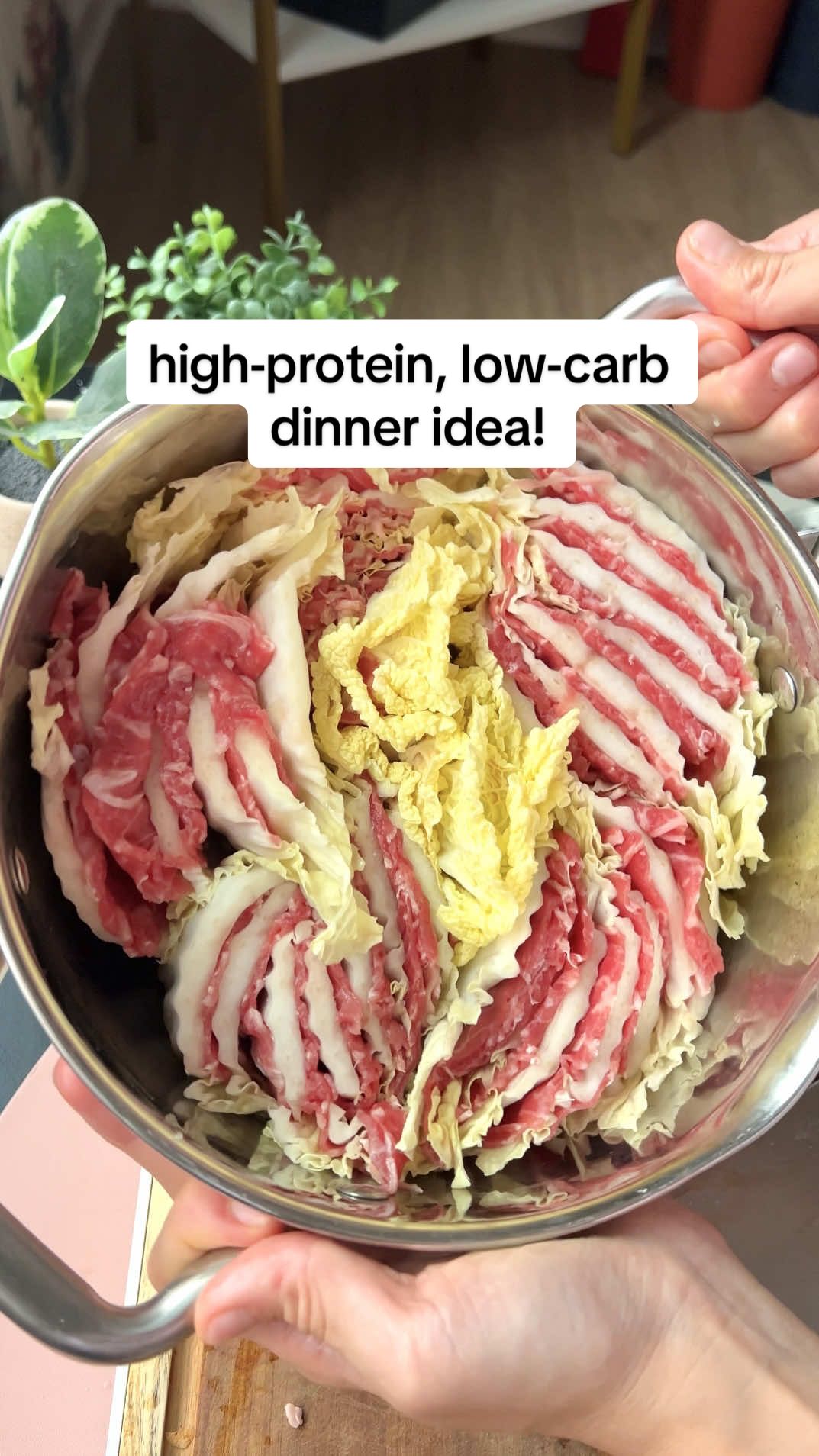 A high-protein, low-carb meal that comes together in under 20 minutes!! #Recipe Simple Mille-Feuille Nabe 🥬 Ingredients (3–4 servings): 1 small napa cabbage (I used 3/4 of one) 1 lb thinly sliced beef or pork Optional center: mushrooms or veggies Broth: 4 cups beef bone broth Soy sauce — 1 tbsp if using salted broth, 2 tbsp if unsalted 1 tbsp minced garlic 1 tbsp fish sauce (optional, extra umami) Dash of pepper 🍲 Instructions: Prep the cabbage – Wash, separate leaves, and trim thick ends. Build the layers – Stack cabbage → meat → cabbage → meat (I ended up making 2 stacks with 7 layers each ). Slice & arrange – Cut into 2–3 inch bundles and tightly pack them around the pot*, starting from the outer edge. Add mushrooms or veggies to the center if using. Make the broth – Mix bone broth, soy sauce, garlic, and fish sauce. Pour around the bundles. Simmer – Bring to a gentle simmer on medium heat, then skim the foam for a cleaner broth (I prefer this but you can skip if you don’t care!). Cook – Reduce to medium-low, cover, and cook ~10 minutes, until cabbage is soft and meat is cooked through. Finish & serve – The broth should taste clean and light, yet still rich and comforting. Enjoy with your favorite dipping sauce (ponzu, soy sauce with chili, goma dare, chili crisp, or whatever you love) or a side of kimchi! *Note: Looks prettiest in a low-rise pot that matches the height of the cabbage stacks — but a regular pot works perfectly too!