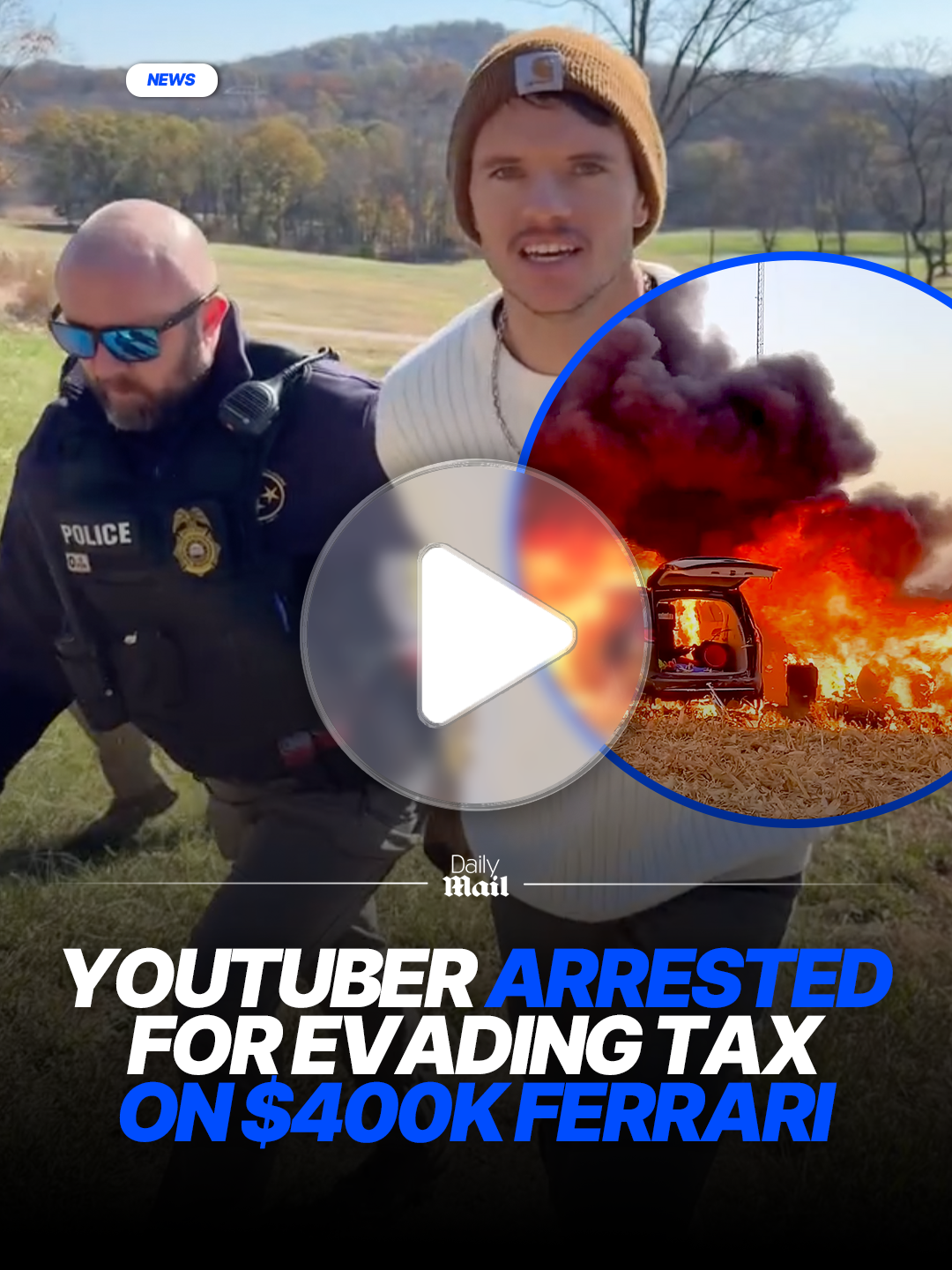 A popular YouTuber with more than 10million subscribers was arrested for allegedly evading taxes on the purchase of a $400,000 Ferrari that he allegedly set on fire in a video.  Cody Detwiler, 27, purchased a 2020 Ferrari F8 Tributo in 2023 to use in a 'durability test' series on his YouTube channel.  The tests would lead to the car igniting and being completely destroyed, and Detwiler has now been charged with 'unlawfully and willfully' evading 'tax due to the State of Tennessee in an amount of five hundred dollars ($500) or more,' according to Williamson County Circuit Court documents.  Find out more at DailyMail #news #youtuber #car #tax