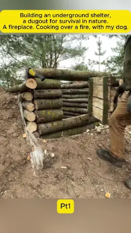 Pt1 | Building an underground shelter, a dugout for survival in nature. A fireplace. Cooking over a fire, with my dog. #survival #Outdoors #camping #bushcraft #shelter 