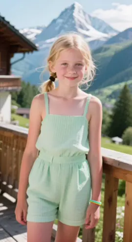 Een zacht bergbriesje tilt haar wereld even op—in haar mintgroene tuinbroek wandelt ze door Oostenrijk alsof de natuur haar naam fluistert. 🌲✨ Volledige versie exclusief voor abonnees. #Gvdart #alpendream #mintvibes #mountainmuse #softwander