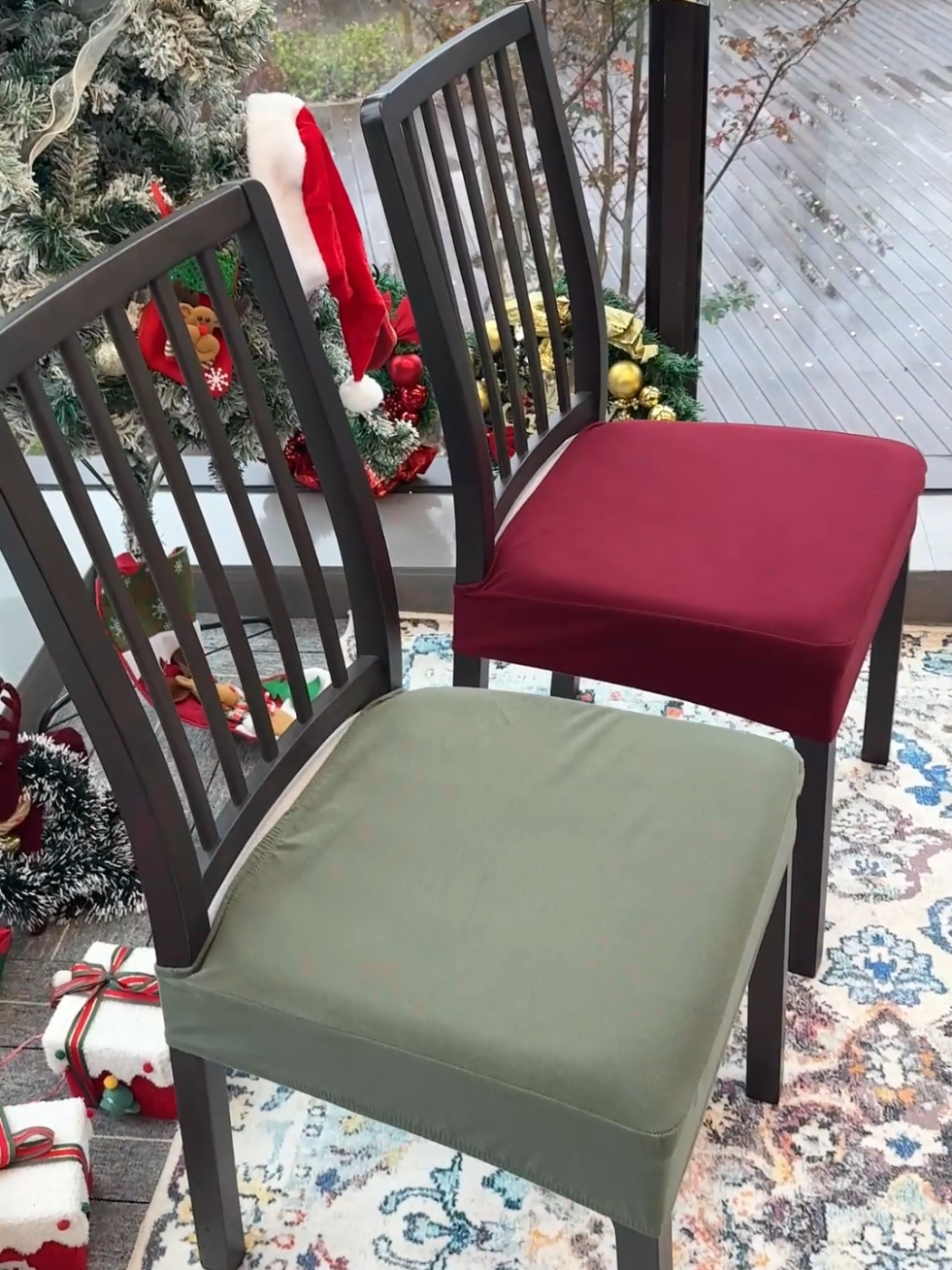 Red & Green Lover! Decorate your old dining chair for Christmas  #ieasygoing #chaircover #stoolcover #KitchenHacks #tiktokshopblackfriday 