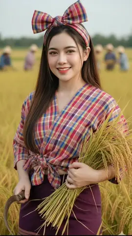 #แจกpromptฟรี #เพลงลูกทุ่ง #เกี่ยวข้าว #วิถีชีวิตบ้านนอก #gemini  สร้างภาพจากใบหน้าที่แนบไป100 %(ห้ามแก้ไข)ภาพพอร์ตเทรตสุดสมจริง ภาพมีความสมจริงทั้งแสงและเงาชัดเจนและคมชัดแบบ 8k ดูสมจริง ผิวขาวผุดผ่อง ธรรมชาติมากที่สุด โฟกัสที่ใบหน้า ตาโตดูโดดเด่นขนตางอนยาว นันย์ตาสีน้ำตาลทอง ปากแดงชมพูธรรมชาติดูสุขภาพดีทาลิปกลอส โหนกแก้มแดงชมพูระเรื่อ เอียงศีรษะเล็กน้อย ผมสีน้ำตาลเข้มช่วงกระทบแสงเป็นสีน้ำตาลอ่อน ปล่อยผมยาวตรงไล่เลเยอร์ด้านหน้าเล็กน้อย ใส่เสื้อคอกระเช้าผ้าขาวม้าสีสดใสผูกเอว ผ้าถุงสีพื้นเข้ากัน ใส่ผ้าคาดผมผูกเป็นโบว์เข้ากัน ถือรวงข้าวสีทอง อีกมือถือเคี่ยวเกี่ยวข้าว ฉากหลังทุ่งนาสีทอง มีชาวบ้านช่วยกันลงแขกเกี่ยวข้าวภาพหลังเบลอ ดูเหมือนจริง