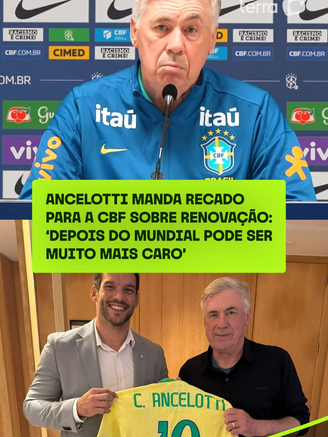 FICA OU NÃO FICA? Boa notícia para o torcedor brasileiro: o mister Ancelotti quer ficar mesmo depois da Copa do Mundo! Só que tem uma condição para isso e ele já deu o 'recado' para a CBF... 😂 #terraesportes #ancelotti #seleçãobrasileira #futebol #esportes