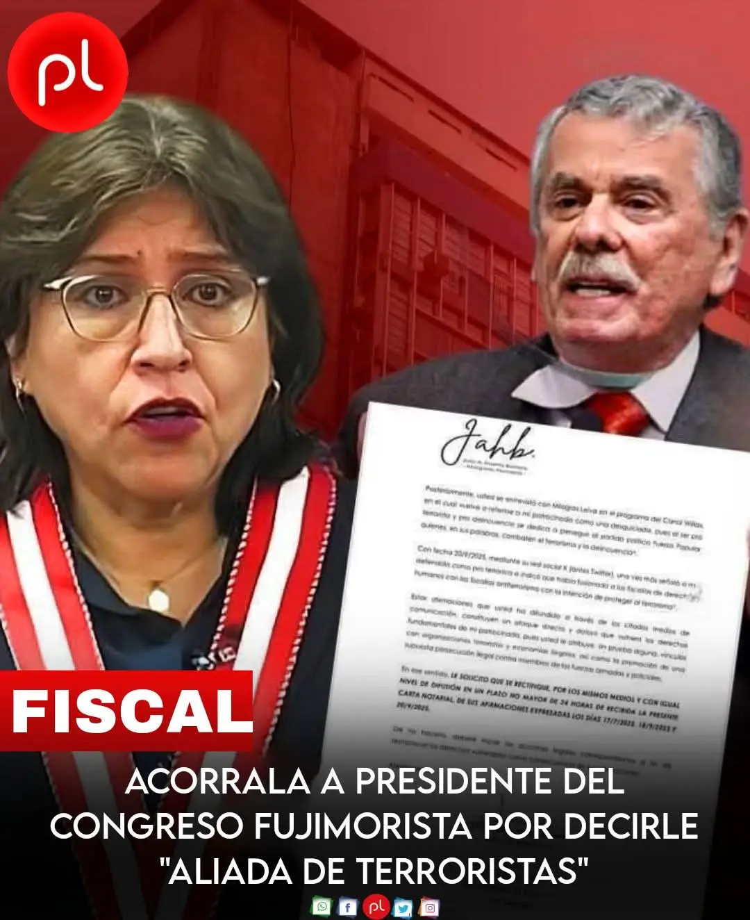 🔴 #Alertas #PL  𝗙𝗜𝗦𝗖𝗔𝗟 𝗗𝗘 𝗟𝗔 𝗡𝗔𝗖𝗜𝗢́𝗡  𝗔𝗖𝗢𝗥𝗥𝗔𝗟𝗔 𝗔 𝗣𝗥𝗘𝗦𝗜𝗗𝗘𝗡𝗧𝗘 𝗗𝗘𝗟 𝗖𝗢𝗡𝗚𝗥𝗘𝗦𝗢 𝗙𝗨𝗝𝗜𝗠𝗢𝗥𝗜𝗦𝗧𝗔 𝗣𝗢𝗥 𝗩𝗜𝗡𝗖𝗨𝗟𝗔𝗥𝗟𝗔 𝗖𝗢𝗡 𝗘𝗟 𝗧𝗘𝗥𝗥𝟬𝗹𝗥𝗜𝗦𝗠𝟬 𝟭𝟲/𝗡𝗼𝘃/𝟮𝟬𝟮𝟱La fiscal de la Nación suspendida, #Delia_Espinoza, envió una carta notarial al congresista #Fernando_Rospigliosi,, y le da un plazo de 24 horas para que se rectifique  públicamente luego de haber I dictado qué está fiscal es una  “aliada del terrorlsmo” y de perseguir ilegalmente a #policías y .  La fiscal Espinoza afirma que las imputaciones del presidente del congreso  son falsas y ofensivas, por lo que, en su , advierte que si no hay una rectificación pública con el mismo nivel de difusión, tomará acciones legales esperando que le caiga todo el peso de la ley para restablecer sus derechos como persona.  EL FUJIMORISTA  Por su parte, el  se defiende asegurando que su crítica está protegida por la libertad de expresión y acusa a  de usar su poder para intimidarlo. Prensa Libre Perú 🇵🇪