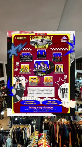 FTV ( FESTIVAL THRIFT VAGANZA ) Hallo warga NGANJUK DAN SEKITARNYA !! Kalian bisa dapatkan fashion cowok / cewek dari atasan sampai bawahan yang murah, branded & ada promonya juga ? Ya Di Sini Tempatnya ! - FESTIVAL THRIFT VAGANZA Hadir dengan puluhan tenant fashion ! Dan akan banyak menampilkan barang kebutuhan outfit mulai harga 35k seperti sneakers, topi, vest, hoodie, crewneck, kaos, celana, chinos, cargo, blouse, dress dan masih banyak pilihannya !! - Catat Tanggal dan Lokasinya FESTIVAL THRIFT VAGANZA !! Info lebih lengkap follow @eventaza.official  ____________________ 📜 Tanggal : 28 November - 07 Desember 2025 ⏰ Open : 13.00 - 22.00 WIB 📍 Google Maps : Gedung Juang 45 Nganjuk 📌 Lokasi : Jl. DR. Soetomo No.60, Kauman, Kec. Nganjuk, Kabupaten Nganjuk, Jawa Timur 64418