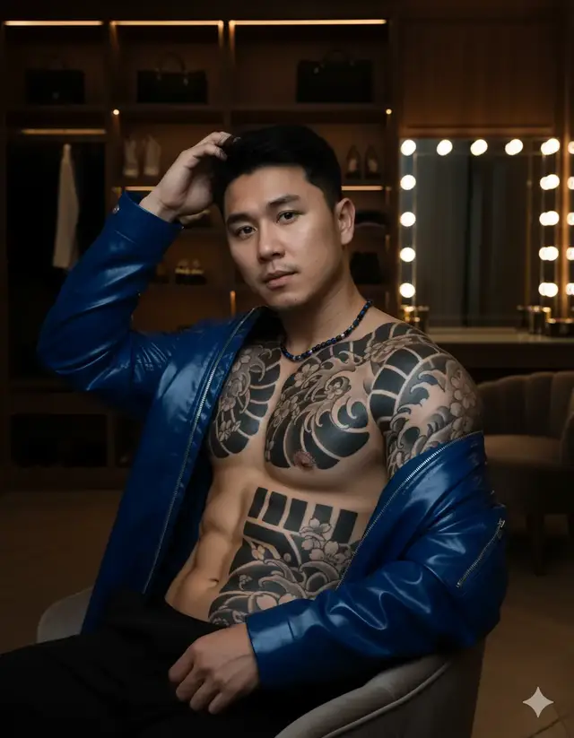 Male editorial portrait, half-body from the waist up, featuring a young Asian man with a toned physique and defined abs, adorned with multiple tattoos along his arms and abdomen. He wears a glossy blue jacket loosely pulled to one side and a short beaded necklace. Soft light comes from the front-left, creating specular highlights on his slightly wet-looking skin, against a smooth green background. His expression is cool and composed, with gentle eyes, and the vertical frame is tightly cropped. Fashion magazine style — cool teal color grading, enhanced muscle definition using dodge & burn, and smooth retouching that preserves natural skin texture.