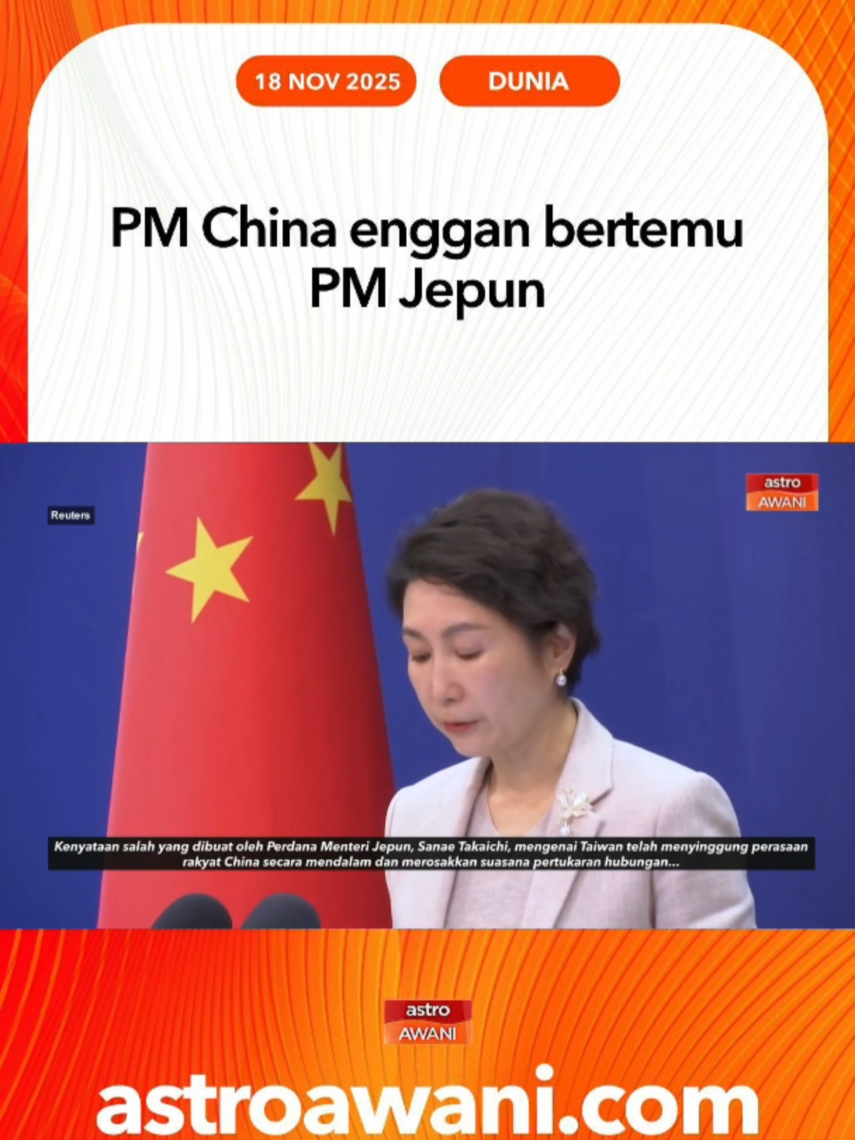 Tindakan itu susulan kenyataan Perdana Menteri Jepun, Sanae Takaichi yang menyebut bahawa sebarang serangan bersenjata terhadap Taiwan boleh mencetuskan tindak balas ketenteraan Jepun. #AWANInews