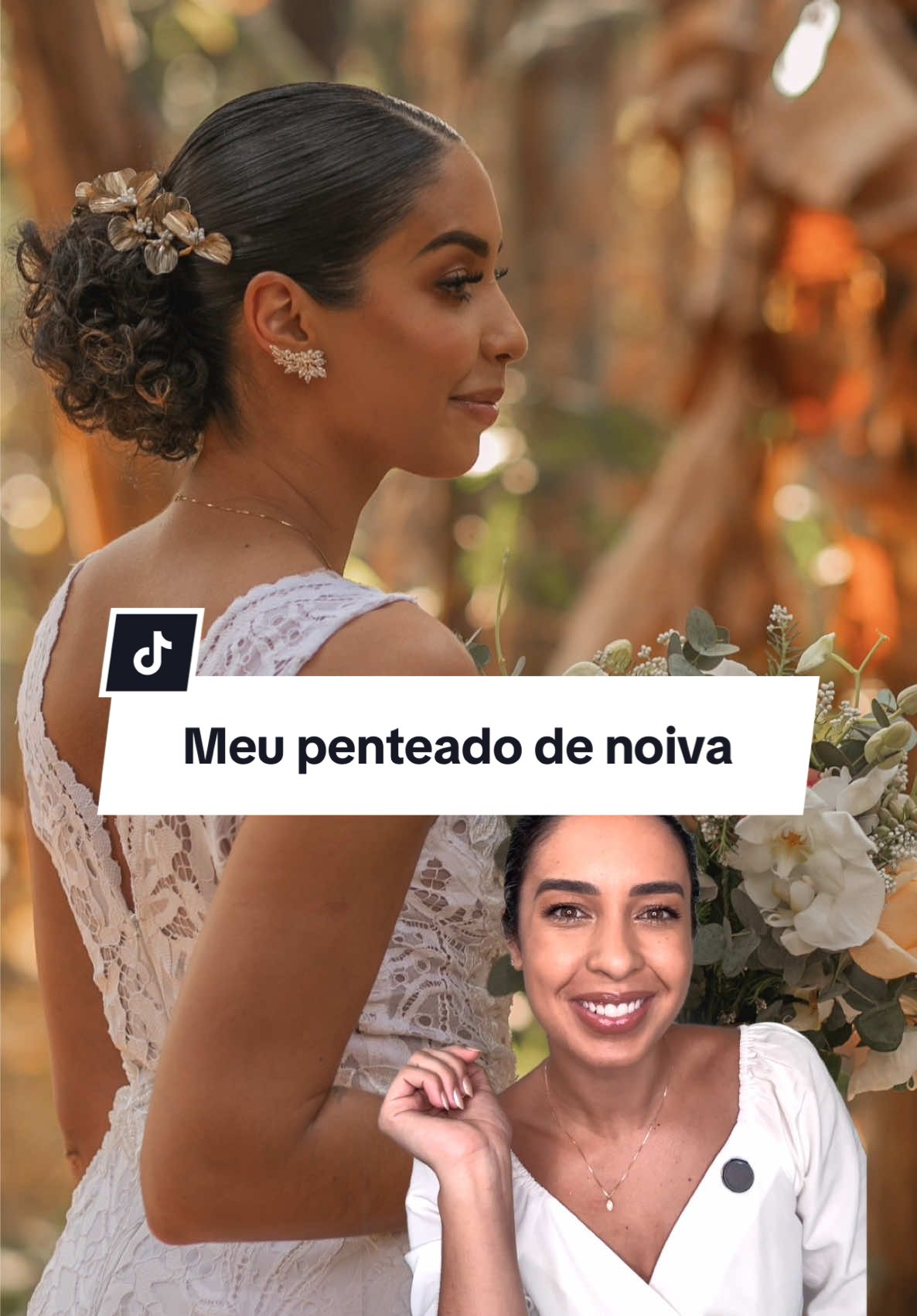 Penteado de noiva em casa? SIM! 💍✨  A minha escolha foi um coque baixo com os cachos à mostra, aproveitei para  usar a linha Bomba de Vitaminas da @Skala Cosméticos com Ácido Hialurônico, Óleo de Rícino e Proteínas Vegetais, um verdadeiro acontecimento 🤍 Quem aí faria o próprio penteado? 🤎👇  ( publicidade ) #cachos #penteadocacheado #penteadodenoiva 