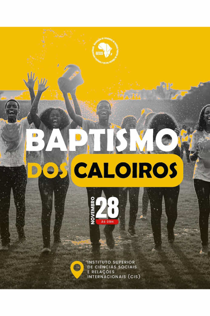 A Associação dos Estudantes do CIS -AECIS, tem a imensa honra de anunciar a realização oficial do Baptismo dos Caloiros 2025, um dos momentos mais emblemáticos da vida universitária e que marca a entrada dos novos estudantes na grande família CIS. Mais do que uma cerimónia, este evento representa acolhimento, tradição, união e identidade académica um rito simbólico que celebra o início de uma jornada repleta de desafios, descobertas e conquistas. 📅 Data: 28 de Novembro de 2025 📍 Local: Instituto Superior de Ciências Sociais e Relações Internacionais - CIS ⏰ Hora: 09h00 Convidamos toda a comunidade académica, Caloiros, veteranos, professores, funcionários e convidados a participarem activamente deste momento memorável. Que cada passo, cada sorriso e cada grito de curso ecoem o orgulho de ser CIS. 🎓 Ser Cisiano é viver com identidade, responsabilidade e orgulho.