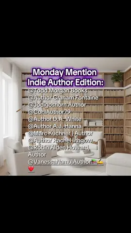 Monday Mention-Indie Author Edition This Monday Mention is loaded with 10 must-follow indie authors whose creativity deserves your attention—go follow and engage with them all today! #indie #authorsoftiktok #writer #books #BookTok  @Todd Morgan Books @Author Graham Fontaine @Jodigoshorn Author @CohlAuthor79 @Author D.A. White @Marc Kuchner | Author @Author Rachel lithgow @Robin Alden Howard, Author @Vanessa Namu | Author 📚✍️❤️ 