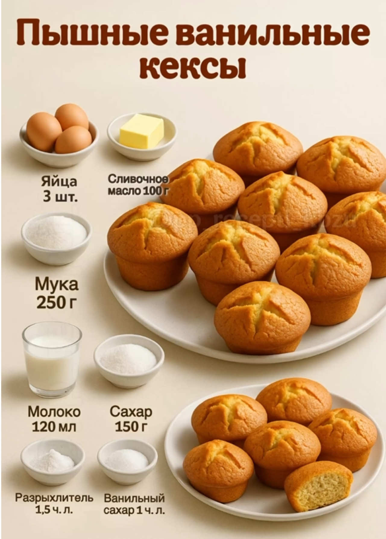 Если хочется чего-то простого и очень вкусного к чаю — эти кексы спасают всегда 😍 Они получаются воздушные, нежные и с хрустящей румяной верхушкой. А аромат ванили сразу наполняет кухню уютом 💛 ✨ Ингредиенты: 🥚 Яйца — 3 шт. 🍬 Сахар — 150 г 🧈 Масло сливочное — 100 г 🥛 Молоко — 120 мл 🌾 Мука — 250 г 🧁 Разрыхлитель — 1,5 ч. л. 🌸 Ванильный сахар — 1 ч. л. 🧂 Щепотка соли ✨ Как готовлю: 1️⃣ Взбиваю яйца с сахаром и ванильным сахаром до пышной светлой массы. 2️⃣ Добавляю растопленное масло и молоко, перемешиваю. 3️⃣ Всыпаю муку, разрыхлитель и соль — замешиваю гладкое тесто. 4️⃣ Раскладываю по формочкам, заполняя на ⅔ 🧁 5️⃣ Выпекаю при 180°C 20–25 минут до румяной корочки ✨ И всё — кексы готовы! Воздушные, ароматные и очень вкусные 😋 _______________ Пышные, воздушные, супер мягкие сырники 🔥😋 Ингредиенты: Творог — 400 г (лучше мягкий, протёртый) Яйца — 2 шт. Сахар — 2 ст. л. Мука — 2 ст. л. (или манка) Разрыхлитель — ½ ч. л. Ванильный сахар — 1 ч. л. Щепотка соли Приготовление: Творог хорошо размять вилкой или пробить блендером до однородной кремовой массы. Добавить яйца, сахар, ванильный сахар и щепотку соли, перемешать. Всыпать муку и разрыхлитель, аккуратно вмешать (тесто должно быть мягким и нежным). Смоченными руками сформировать круглые шарики. Выложить сырники в форму аэрогриля/духовки. Выпекать при 180°C около 20 минут до золотистой корочки. Сырники получаются очень пышные, мягкие и воздушные внутри, с красивой румяной корочкой. _____________ Очень вкусный и мягкий мраморный кекс 🍰😋🔥 Это тот самый кекс, который получается всегда 😍 Мягкий, воздушный, с красивым узором внутри — и к чаю, и к кофе подходит идеально ☕ ✨ Ингредиенты: 🧈 Масло сливочное — 100 г 🍬 Сахар — 150 г 🥚 Яйца — 3 шт. 🥛 Молоко — 100 мл 🌾 Мука — 220 г 🧁 Разрыхлитель — 1,5 ч. л. 🌸 Ванильный сахар — 1 ч. л. 🍫 Какао-порошок — 2 ст. л. ✨ Как готовлю: 1️⃣ Взбиваю мягкое масло с сахаром и ванильным сахаром до пышной массы. 2️⃣ По одному ввожу яйца, хорошо взбиваю. 3️⃣ Вливаю молоко, добавляю муку с разрыхлителем — замешиваю тесто. 4️⃣ Делюсь его на 2 части: в одну добавляю какао. 5️⃣ В форму выкладываю поочерёдно ложки светлого и шоколадного теста. 6️⃣ Провожу шпажкой или вилкой, чтобы получился красивый мраморный узор ✨ 7️⃣ Ставлю в духовку на 180°C примерно на 40–45 минут. Остывший кекс нарезаю — и он получается мягкий, ароматный и очень красивый внутри 🤍🍫 📌 Проверенный рецепт: всегда удаётся и радует домашних! 🤗 Если рецепт понравился, оставьте в комментариях любой смайлик 💚 — ваша поддержка для меня самая лучшая! 🙏