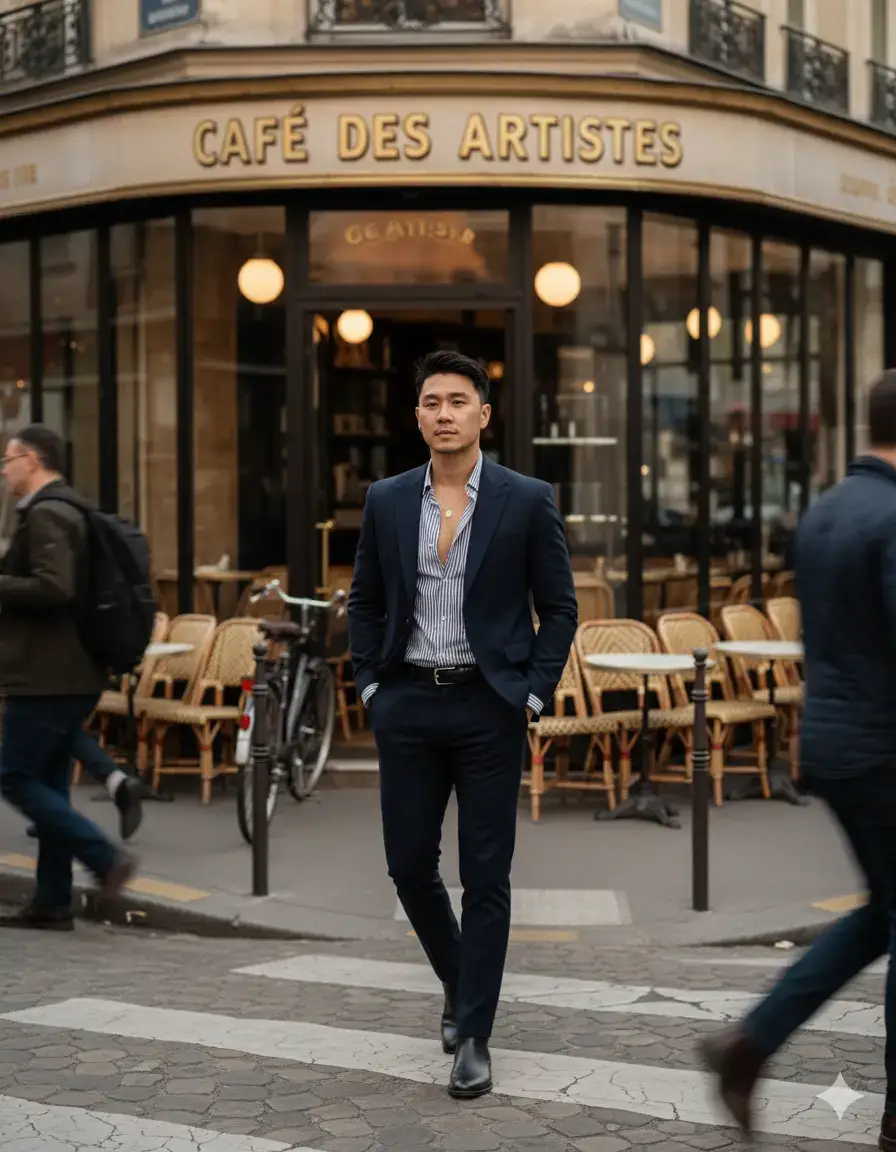 A stylish young man confidently walks across a street in Paris, in front of a vintage cafe with a gold sign and glass windows. ( 100% Use photos of the man in the uploaded image. ) The warm, cinematic atmosphere is captured in the soft, natural light of the golden hour. He's wearing a dark navy suit, a slightly unbuttoned striped shirt, revealing a gold necklace, tucked into skinny trousers, a leather belt, and dark boots. His hands are casually tucked into his pockets as he struts confidently and naturally, creating a relaxed and artistic vibe. The backdrop is a cafe terrace with rattan chairs, a parked bicycle, and a warm reflection on the glass. This image is brought to life by the blurred foreground of pedestrians, adding depth and realism. Shot with an 85mm f/1.8 lens, the depth of field is shallow, and the bokeh is soft. The cinematic color scheme (warm amber, soft navy, and golden brown) is inspired by Paris Fashion Week and GQ street style. Realistic textures, natural shadows, voluminous lighting, and subtle motion blur of passersby. A natural, cinematic aesthetic.