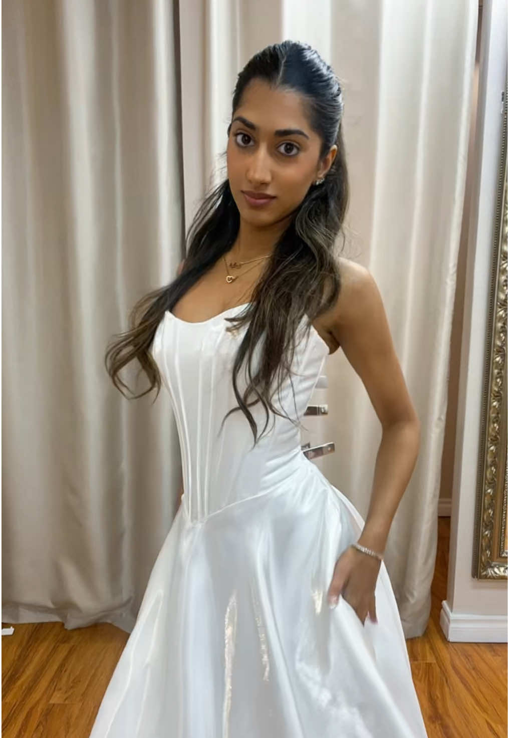 We love the basque waist!! #satindress #weddingdress #chrome #tryon #dressoftheday 