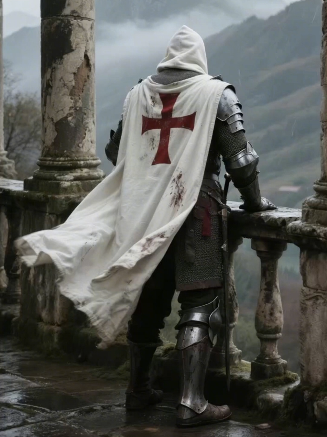 ⚔️ El viento agita su capa, recordándole que aún queda batalla por librar. ⚔️ The wind stirs his cloak,  reminding him the battle is not yet done. #templario #medieval #ia #iaart #iavideo  Historical cinematic recreation of the Templar Order  Artistic medieval realism — no violence, no fantasy. Real historical atmosphere. Pure visual storytelling