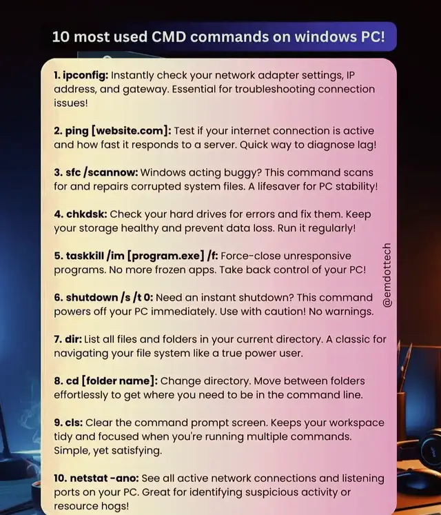Master your PC like a pro! Here are the 10 most used CMD commands every Windows user should know. Thread 👇  #PCTips #WindowsHacks #CMDCommands #TechSkills #ComputerTips 
