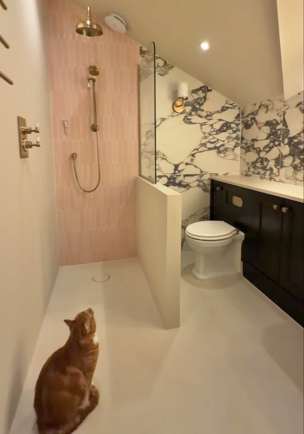 We didn’t fit in the original box shower so our logic was if we’re changing that we might as well change the whole bathroom to our own style 💖☁️🚿  (Features some AD-gifts 🫶) #bathroomtransformation #bathroomrenovation #bathroombeforeandafter #ensuiterenovation #homebeforeandafter 