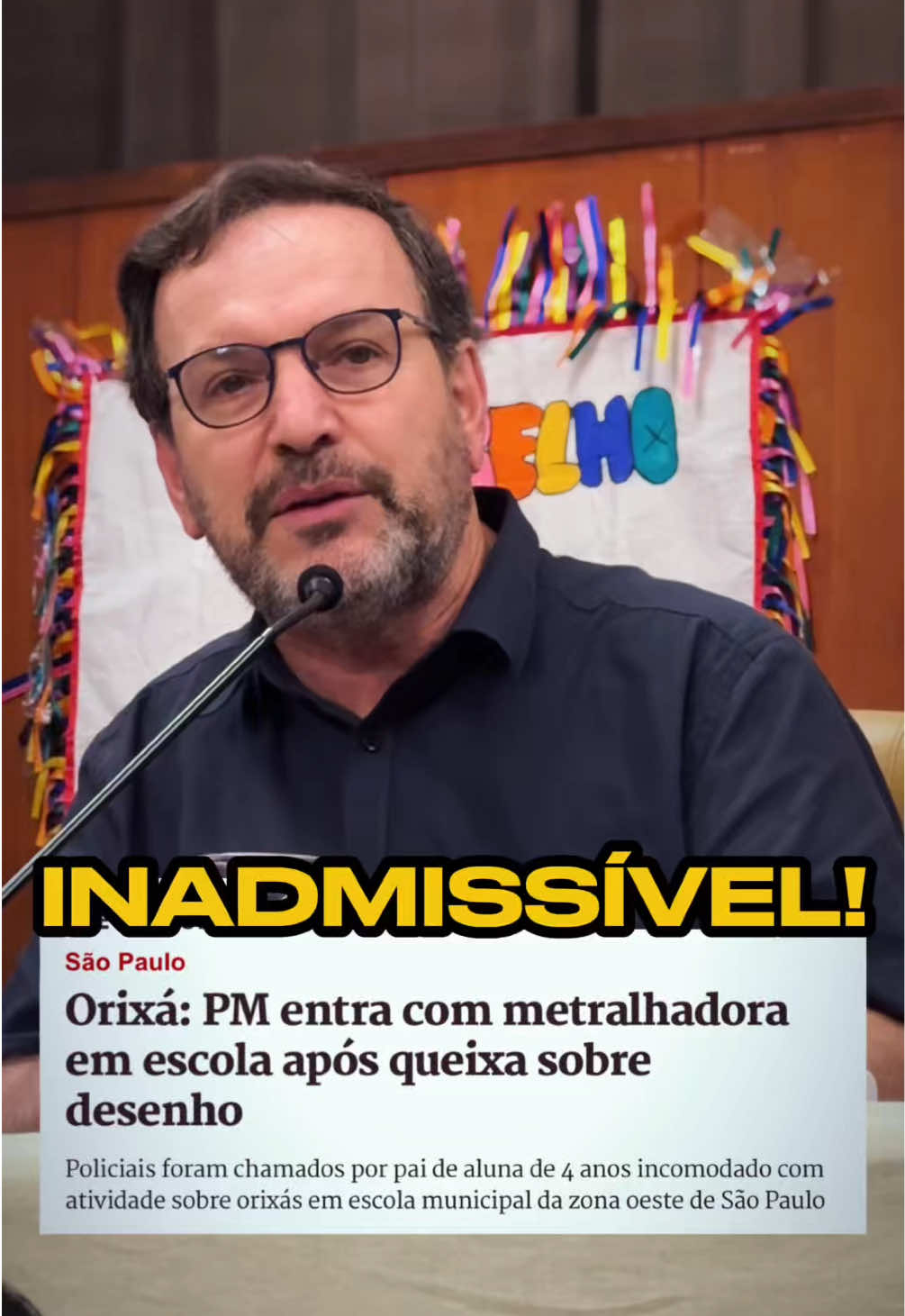 INADMISSÍVEL! PM invade EMEI Antônio Bento e assusta comunidade escolar! Em um ato brutal, policiais militares invadiram uma EMEI por causa do desenho de uma criança de 4 anos. Ela tinha desenhado um orixá. Isso desagradou o seu pai, que simplesmente ligou para a PM. Um dos policiais portava uma metralhadora! Isso é racismo! A Educação Antirracista faz parte do Currículo da cidade de São Paulo.  Denunciei esse fato absurdo durante a abertura do IV Festival Artístico Literário Infantil “Folhas do Baobá”, que acontece hoje na Câmara Municipal. Ao lado do deputado estadual Carlos Giannazi e da deputada federal professora Luciene Cavalcante, vou acionar o Ministério Público e tomar todas as medidas cabíveis para que isso não se repita. Os profissionais da Educação não aceitarão qualquer forma de intimidação!