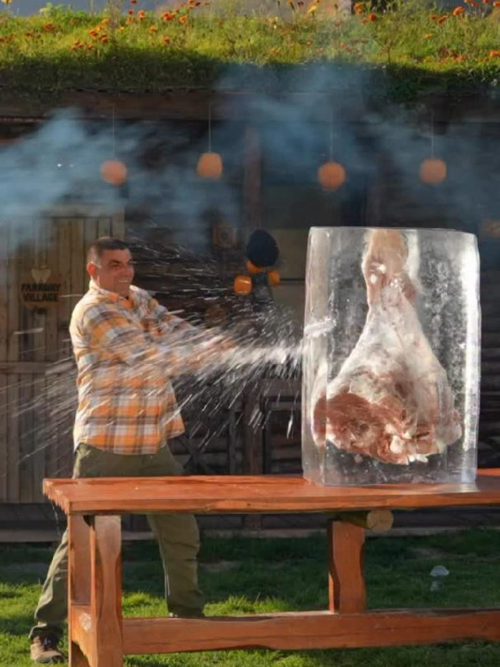 🔥 Cutting a Giant Beef Leg With a Katana - Perfect Steaks Made! 🧊 A beef leg frozen in ice is brought back to life and turned into rich, fire-kissed steaks in the village!  🥩 Slow flames, careful slicing, and a deep rustic flavor you can almost smell through the screen! #cookingasmr #countrysidecooking #outdoorcooking #vintagecuisine #rurallife