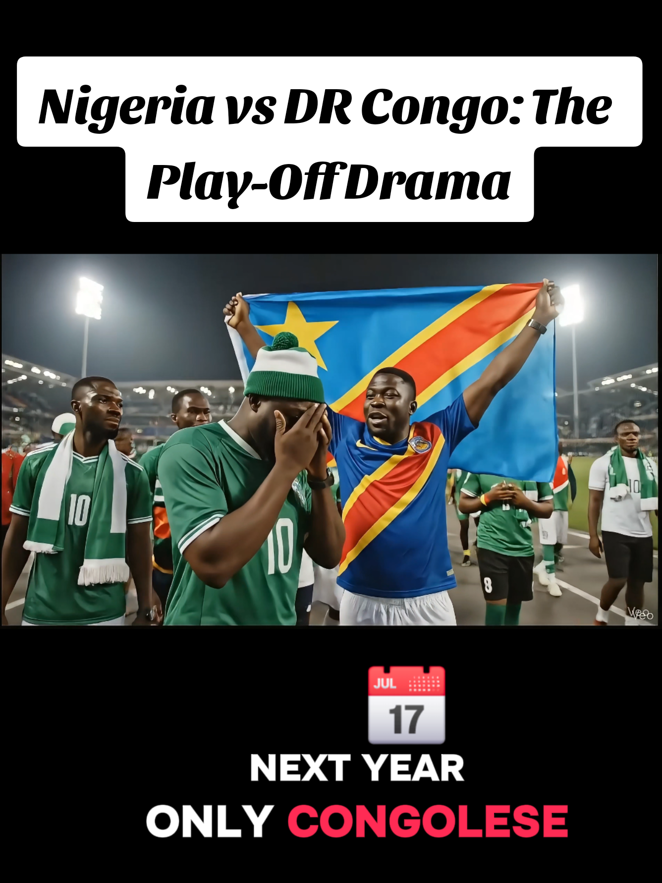 #Nigeria  vs #congo #worldcup playoff#2025 #fyp  Nigeria vs DR Congo: The Play-Off Drama Heartbroken Nigerian fans head home after the play-off loss, only for a joking DR Congo supporter to mock them about missing the World Cup. The joke sparks a funny, chaotic chase as the angry-but-laughing fans run after him calling him the sacrificial lamb.