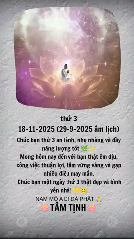 Chúc bạn thứ 3 an lành, nhẹ nhàng và đầy năng lượng tốt 🌿✨ Mong hôm nay đến với bạn thật êm dịu, công việc thuận lợi, tâm vững vàng và gặp nhiều điều may mắn. Chúc bạn một ngày thứ 3 thật đẹp và bình yên nhé! 💛😊 #tamtinh #phatgiao #phatphap #phatphapnhiemmau #nammoadidaphat 