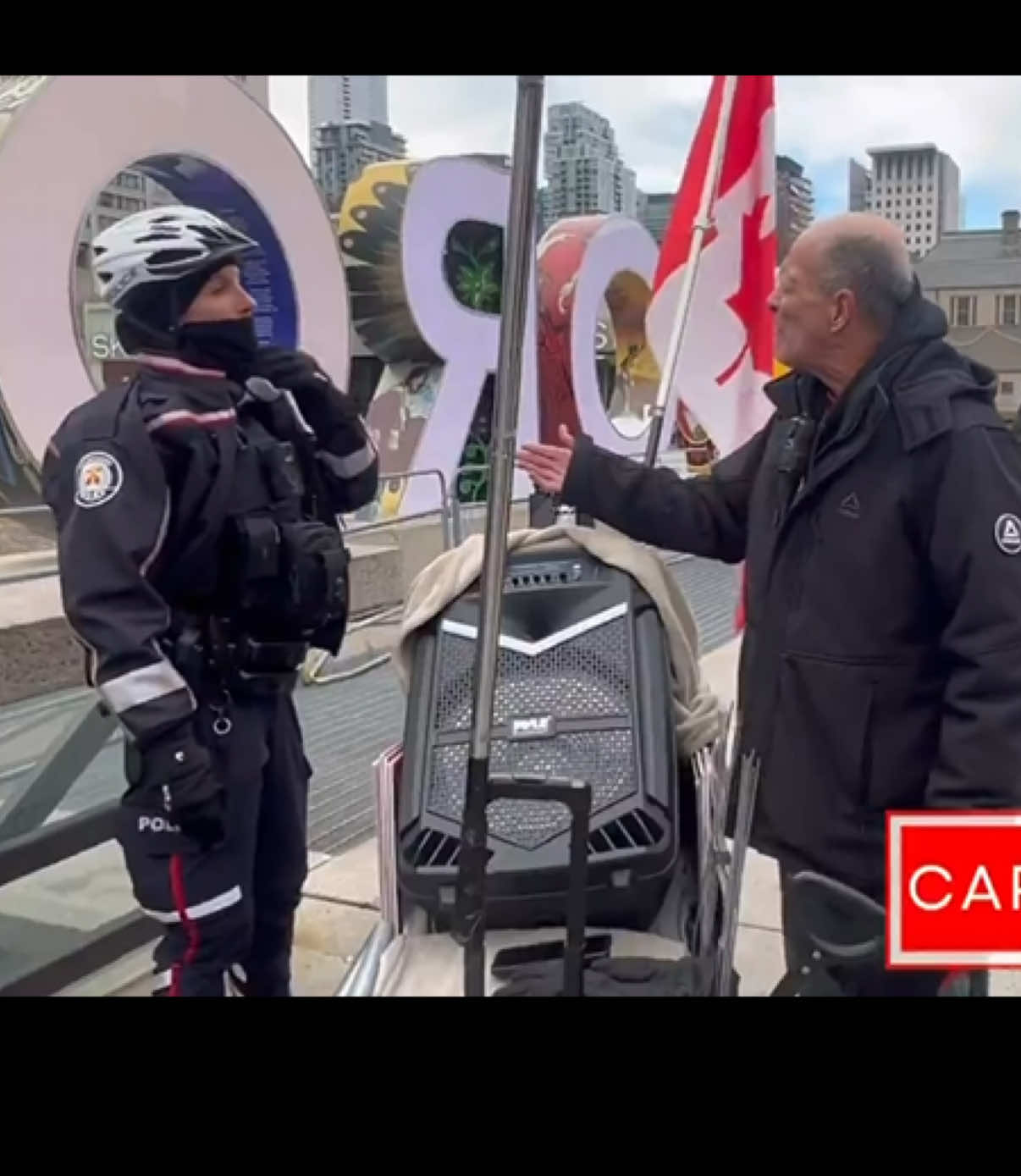 This is unreal.  Toronto Police have the audacity to actually shut off the National Anthem because it supposedly “disturbs the peace” of a pro-terror demonstration, just one day after escorting those same anti-Israel thugs through a Jewish neighborhood. Mayor Olivia Chow, is this really what #Toronto has become under your watch? Shame! #fyp #palestinian #canada #canadian 