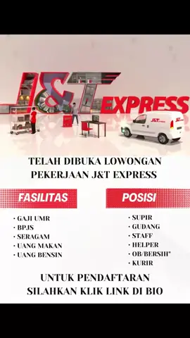 Dibuka Lowongan kerja J&T Express Tahun 2025 Lulusan SMA SMK D1-D3 S1-S3 ✓GAJI 3,5jta - 8,5jta /Bulan Posisi: •KURIR •SUPIR •ADMIN ADMINISTRASI  •ADMIN HRD •STAF GUDANG  ✓Penempatan Seluruh Wilayah Indonesia  ✓Pendaftaran gratis tidak dipungut biaya apapun