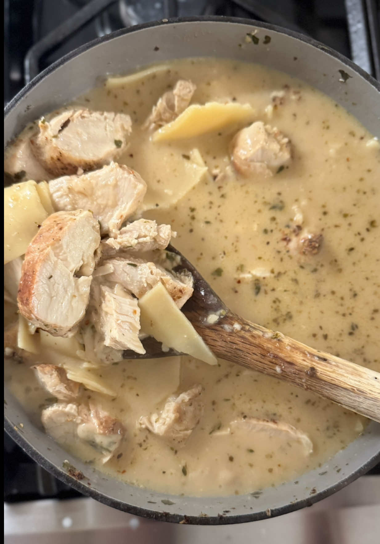 Mmmmm.. Chicken Alfredo Lasagna Soup. That’s all…. 3 Chicken Breasts 1 box of lasagna noodles 1 qt chicken stock 1 qt chicken broth 3/4 cup of milk 1 tbsp garlic powder  1 tbsp onion powder  1 tbsp Italian seasoning 1 tbsp red pepper flakes 2 tsp salt 2 tsp pepper 1 tbsp minced garlic 1 tbsp olive oil 2 tbsp butter 1/4 cup shredded Parmesan 1/4 cup shredded mozzarella  1 tsp fresh thyme 2 tsp fresh parsley, diced  Mix dry seasonings in small bowl; coat chicken in olive oil and add seasonings rub; add 1 tbsp olive oil to large frying pan and cook chicken ~6 minutes / per side to blackened the chicken; In a large pot, add the butter and melt on medium heat. Add the minced garlic and cook until garlic begins to turn tan; then add the chicken stock and broth. Add the parsley and thyme, cook for about 3 minutes bringing to a boil. Add the lasagna noodles and continue to boil for about 6 minutes or until noodles are al dente. Cut up the chicken into small slices/bites. Add the milk and cheese, stir. Cook for another 10-15 minutes! #chickenalfredolasagnasoup #lasagnasoup #soupseasonishere #batonrougeblogger 