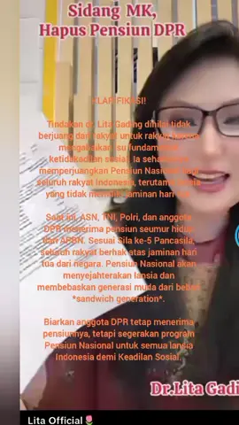 LITA GADING SOK MEMBELA RAKYAT! PENTING! KLARIFIKASI! Tindakan dr. Lita Gading @litagading5 @dr.litagading_2  dinilai tidak berjuang dari rakyat untuk rakyat karena mengabaikan isu fundamental ketidakadilan sosial. Ia seharusnya memperjuangkan Pensiun Nasional bagi seluruh rakyat Indonesia, terutama lansia yang tidak memiliki jaminan hari tua. Saat ini, ASN, TNI, Polri, dan anggota DPR menerima pensiun seumur hidup dari APBN. Sesuai Sila ke-5 Pancasila, seluruh rakyat berhak atas jaminan hari tua dari negara. Pensiun Nasional akan menyejahterakan lansia dan membebaskan generasi muda dari beban *sandwich generation*. Biarkan anggota DPR tetap menerima pensiunnya, tetapi segerakan program Pensiun Nasional untuk semua lansia Indonesia demi Keadilan Sosial. #KeadilanSosial #PensiunNasional #KitaKayaBersama  #GenZTolakMiskin #StopGenerasiSandwich 