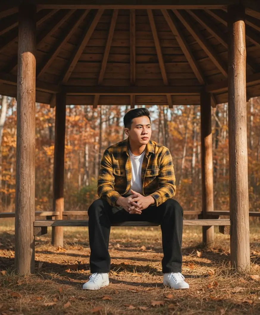 Tutorial edit di GEMINI AI 🫵 1. buka aplikasi Gemini 📲 2. Masukan foto kamu 📸 3. Copy+paste prompt di bawah 👇 ​ PROMPT: A young man sits pensively inside a rustic, round-roofed wooden hut with natural wood pillars. He wears a casual yellow plaid shirt, black buggy-cut jeans, and white sneakers. He has dark hair. His pose features both hands resting on his knees. The background features autumn trees, warm sunlight, and earthy tones, evoking a cozy, vintage outdoor atmosphere, perfect for candid portrait photography. 9:16. Prompt by : abhii.__xyz ( Threads ) #promptgemini #geminitrend #GeminiAi #gemini #fyp 